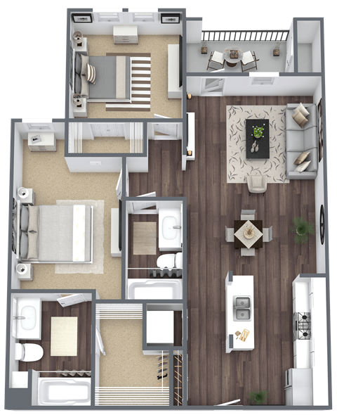 Floor plan for 2 beds, 2 baths, 1065 sqft